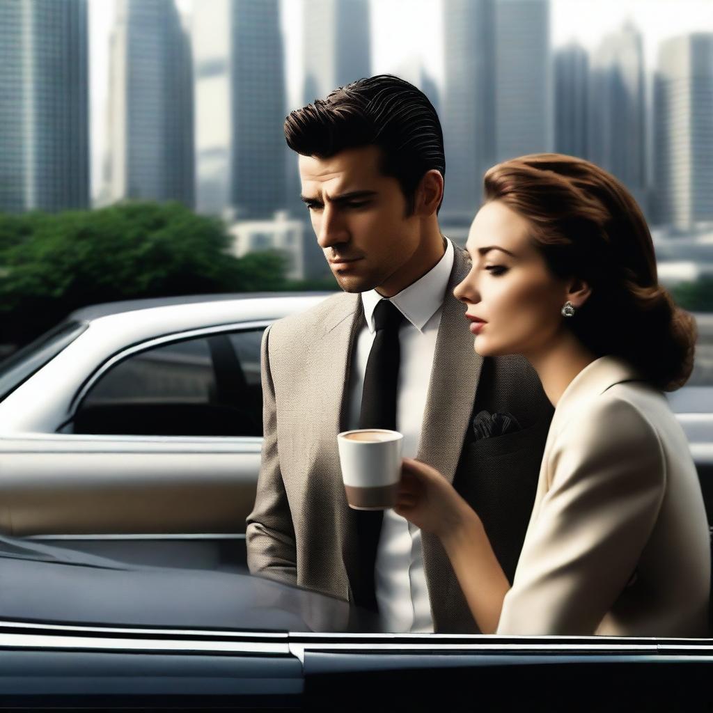 A young woman drinking coffee and looking at a wealthy man in a car