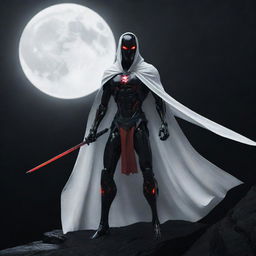 A slender, defined, black and white cyborg with glowing red eyes, clad in a white cape, wielding a katana. He has long, tied-back hair and stands atop a moonlit mountain at night in a dark atmosphere.