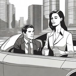 A young woman drinking coffee and looking at a wealthy man in a car