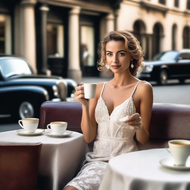 A young woman drinking coffee in a café, wearing a luxurious white dress