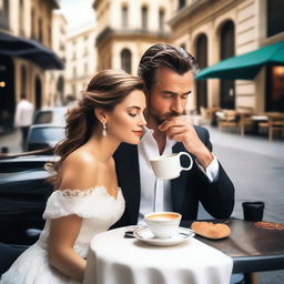 A young woman drinking coffee in a café, wearing a luxurious white dress