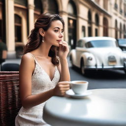 A young woman drinking coffee in a café, wearing a luxurious white dress