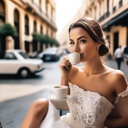 A young woman drinking coffee in a café, wearing a luxurious white dress