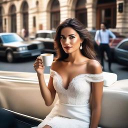 A young woman drinking coffee in a café, wearing a luxurious white dress