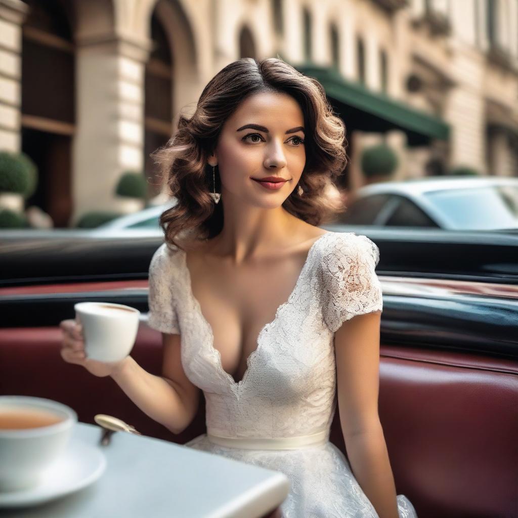 A young woman drinking coffee in a café, wearing a luxurious white dress