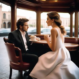 A young woman drinking coffee in a café, wearing a luxurious white dress