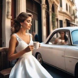 A young woman drinking coffee in a café, wearing a luxurious white dress