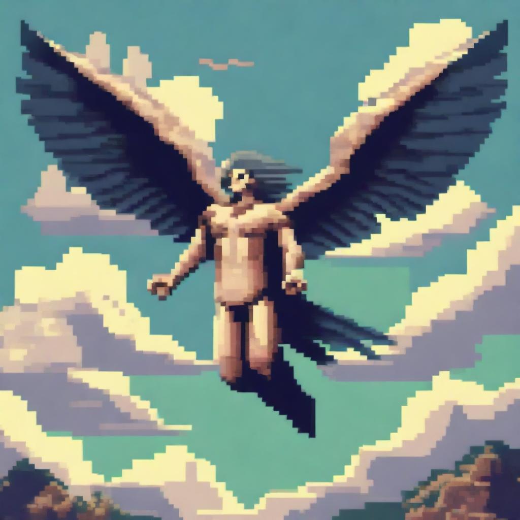 A harpy from Greek mythology depicted in pixel art style, soaring through the sky