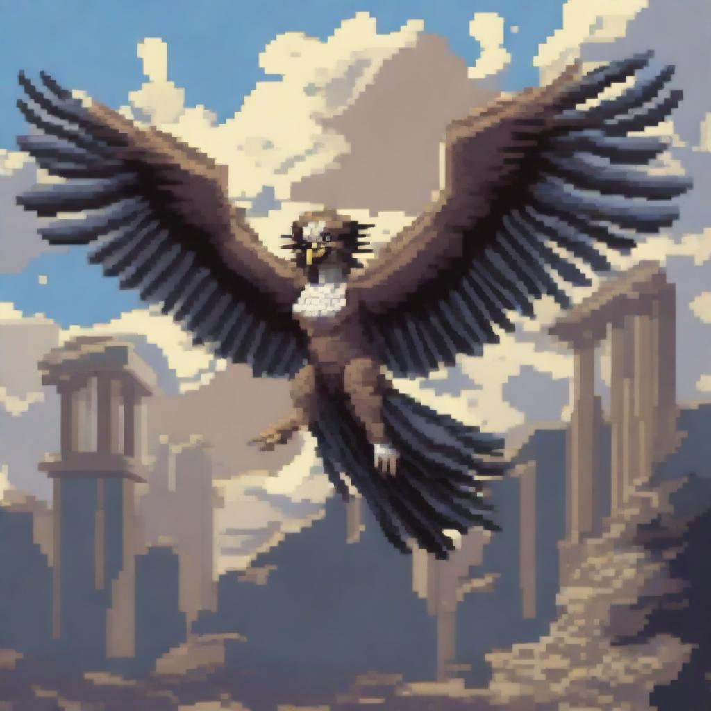 A harpy from Greek mythology depicted in pixel art style, soaring through the sky