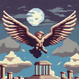 A harpy from Greek mythology depicted in pixel art style, soaring through the sky