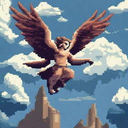 A harpy from Greek mythology depicted in pixel art style, soaring through the sky