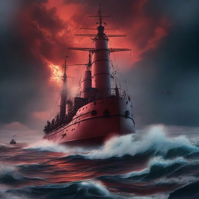 A dramatic scene of an epic hunt for a submarine named 'Red Orktober' in a vast ocean