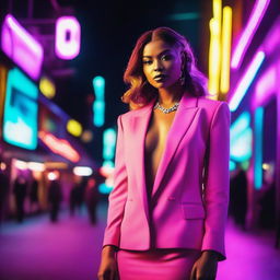 A beautifully dressed woman standing near a nightclub at night