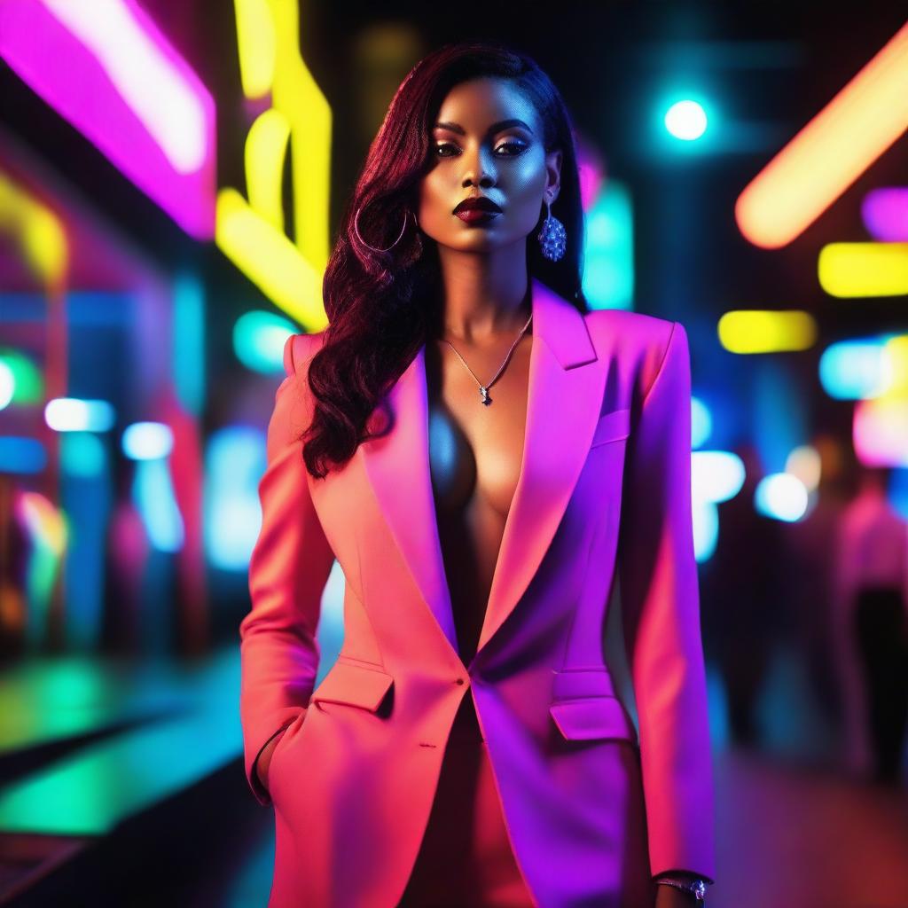 A beautifully dressed woman standing near a nightclub at night