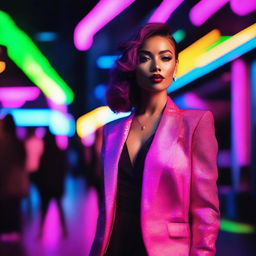 A beautifully dressed woman standing near a nightclub at night