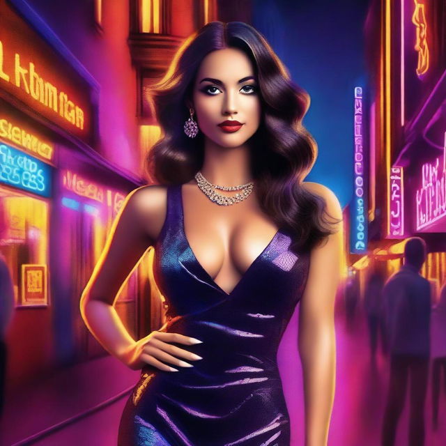 A book cover featuring a woman of Spanish appearance standing near a nightclub at night