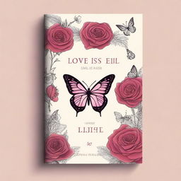 A book cover for a romance novel featuring hand-drawn roses and butterflies