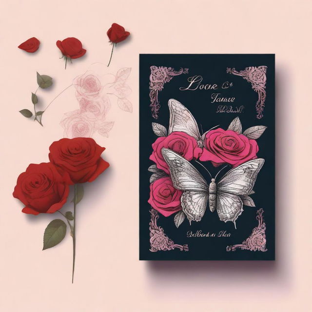 A book cover for a romance novel featuring hand-drawn roses and butterflies