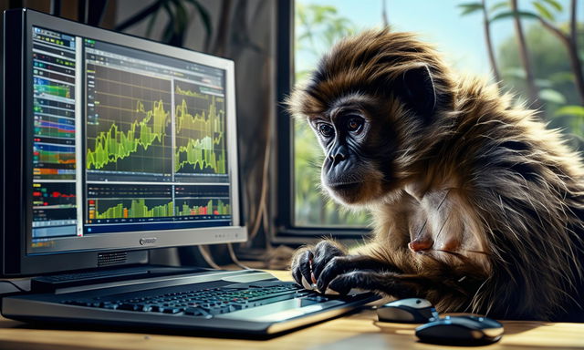 A photorealistic capuchin monkey sits on a sleek computer, deeply engrossed in colorful graphs on the screen. The scene is set in a minimalist room with a view of a lush forest outside.