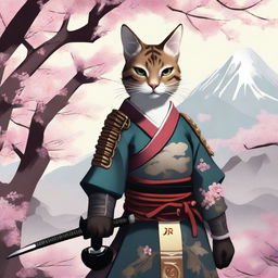 A fierce female Tabaxi warrior dressed in traditional samurai armor