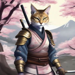 A fierce female Tabaxi warrior dressed in traditional samurai armor