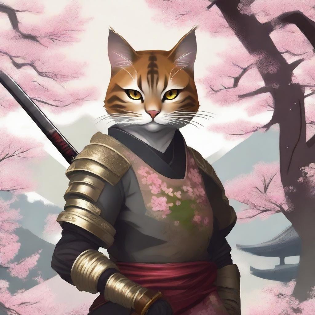 A fierce female Tabaxi warrior dressed in traditional samurai armor