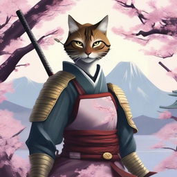 A fierce female Tabaxi warrior dressed in traditional samurai armor