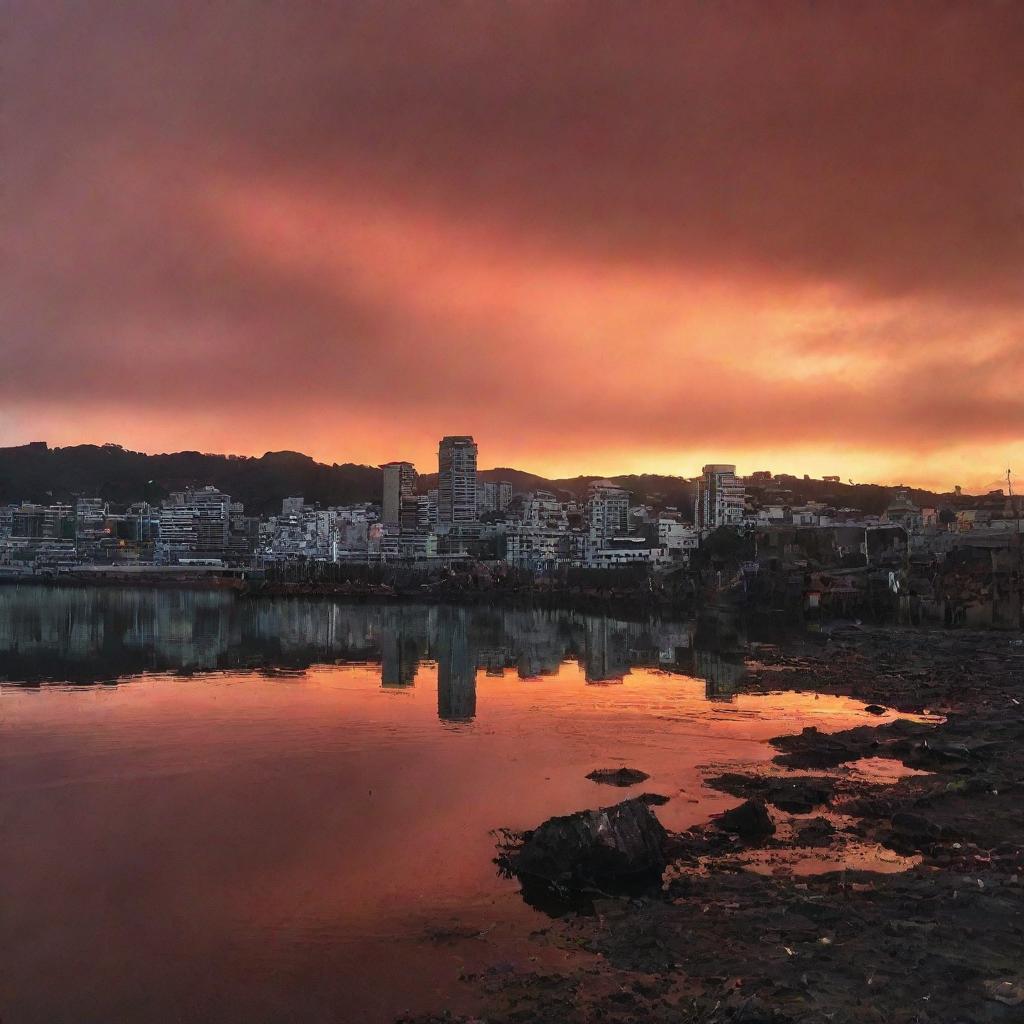 A haunting image of the post-apocalyptic Wellington Harbour. The skyline is silhouetted against a fiery sky, buildings in ruins, water glowing eerily, and abandoned vessels dotting the shore.