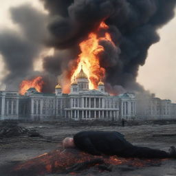 A dramatic scene depicting Moscow in flames with a lifeless Vladimir Putin lying on the ground