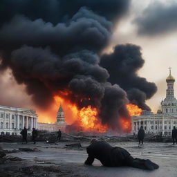 A dramatic scene depicting Moscow in flames with a lifeless Vladimir Putin lying on the ground