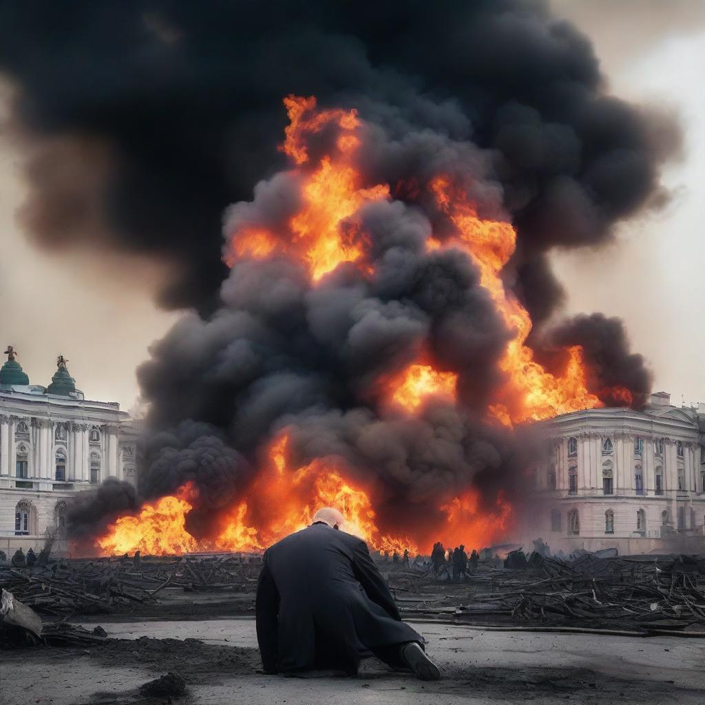 A dramatic scene depicting Moscow in flames with a lifeless Vladimir Putin lying on the ground