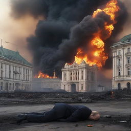 A dramatic scene depicting Moscow in flames with a lifeless Vladimir Putin lying on the ground