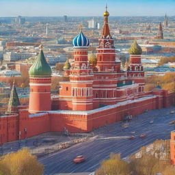 A picturesque scene of Moscow, featuring iconic landmarks such as the Kremlin and Saint Basil's Cathedral