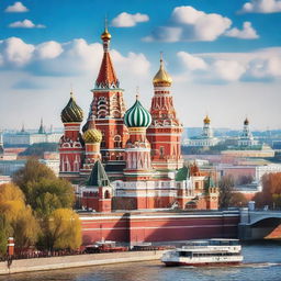 A picturesque scene of Moscow, featuring iconic landmarks such as the Kremlin and Saint Basil's Cathedral