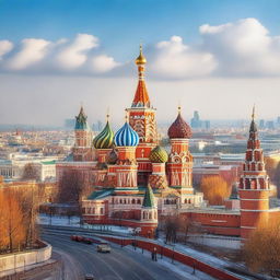 A picturesque scene of Moscow, featuring iconic landmarks such as the Kremlin and Saint Basil's Cathedral