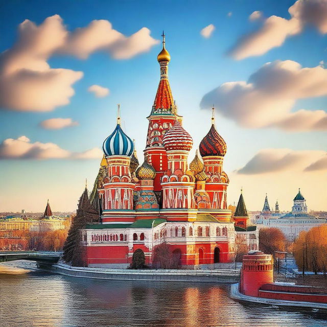 A picturesque scene of Moscow, featuring iconic landmarks such as the Kremlin and Saint Basil's Cathedral