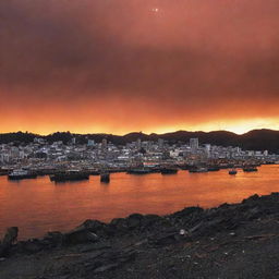 A haunting image of the post-apocalyptic Wellington Harbour. The skyline is silhouetted against a fiery sky, buildings in ruins, water glowing eerily, and abandoned vessels dotting the shore.