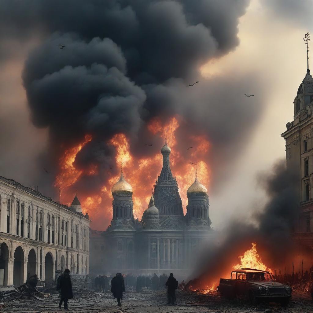 A dramatic scene depicting Moscow engulfed in flames