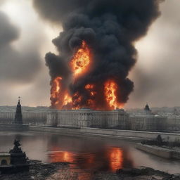 A dramatic scene depicting Moscow engulfed in flames