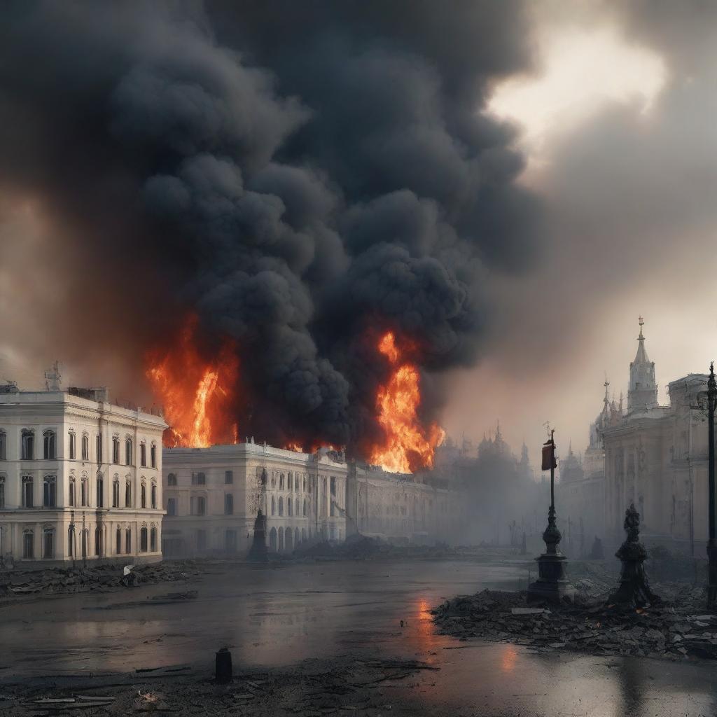 A dramatic scene depicting Moscow engulfed in flames