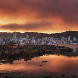 A haunting image of the post-apocalyptic Wellington Harbour. The skyline is silhouetted against a fiery sky, buildings in ruins, water glowing eerily, and abandoned vessels dotting the shore.