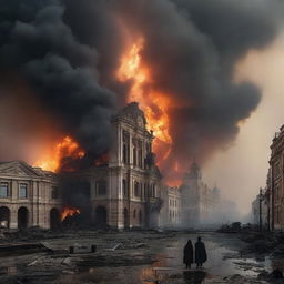 A dramatic scene depicting Moscow engulfed in flames