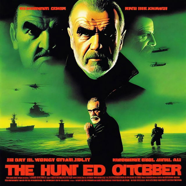 A movie poster for 'The Hunt for Red October' featuring Sean Connery as a green fantasy orc