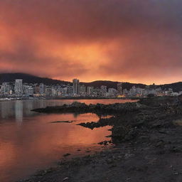 A haunting image of the post-apocalyptic Wellington Harbour. The skyline is silhouetted against a fiery sky, buildings in ruins, water glowing eerily, and abandoned vessels dotting the shore.