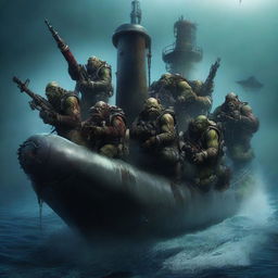 A group of orks on a submarine, navigating through the deep ocean