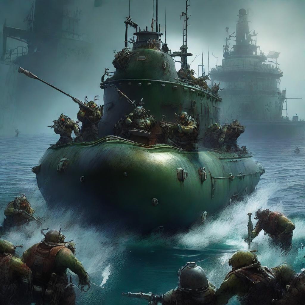 A group of orks on a submarine, navigating through the deep ocean