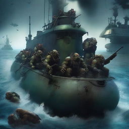 A group of orks on a submarine, navigating through the deep ocean