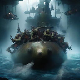 A group of orks on a submarine, navigating through the deep ocean