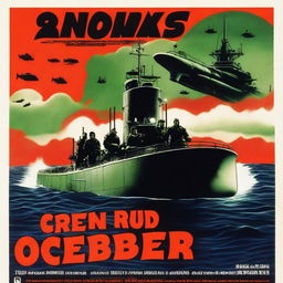 A movie poster depicting orks on a submarine, parodying the classic 'Hunt for Red October' poster