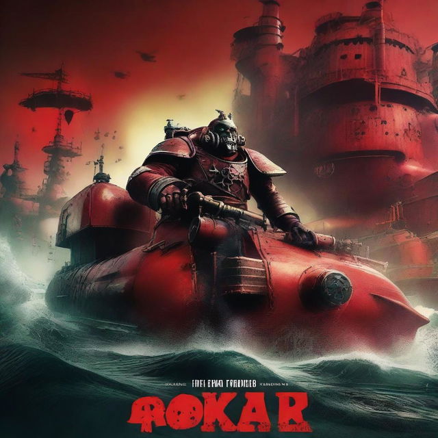 A movie poster featuring a Warhammer 40k ork on a red submarine